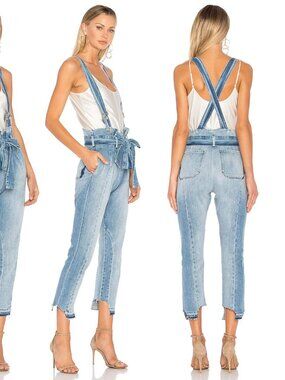 FRAME Denim Cross-Back Overalls Raw Hem Crop Sz 27